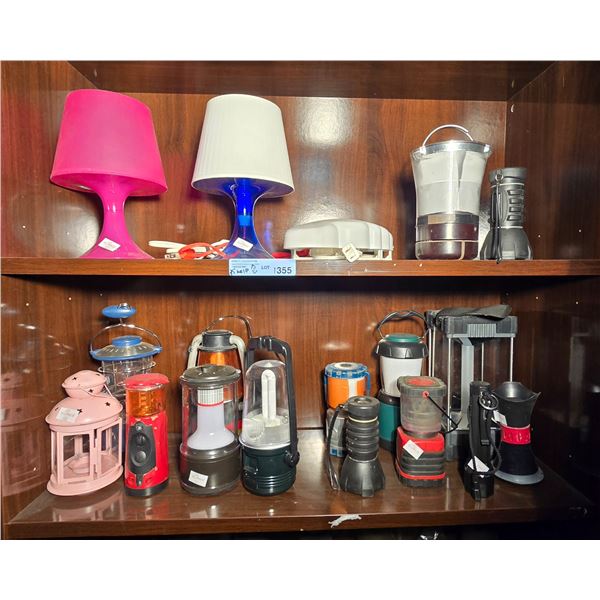 2 Shelves of Various Lanterns, Flashlights, & Table Lamps