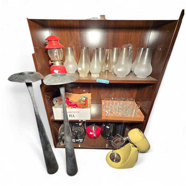 3 Shelves of Frosted Lamp Shades, Tea Pot, Coffee Maker, Glasses, Etc.