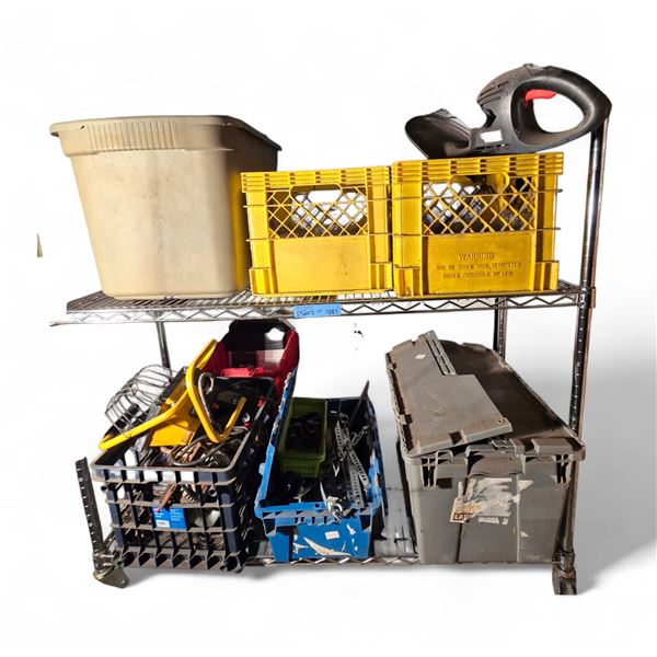 2 Shelves of - 120 db Emi Isolation, Black & Decker Hedge Trimmer, Work Light, Drill Bits Blue Bins,