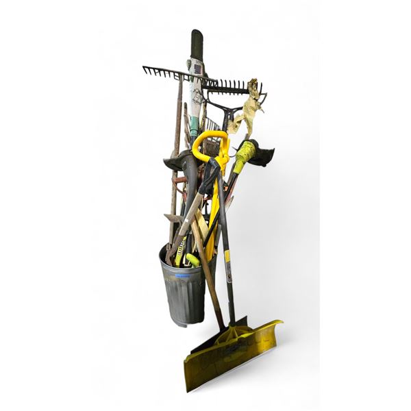 Group of Various Tools - Ryobi Weed Wacker, Shovel, Snow Shovel, Rake, Etc.