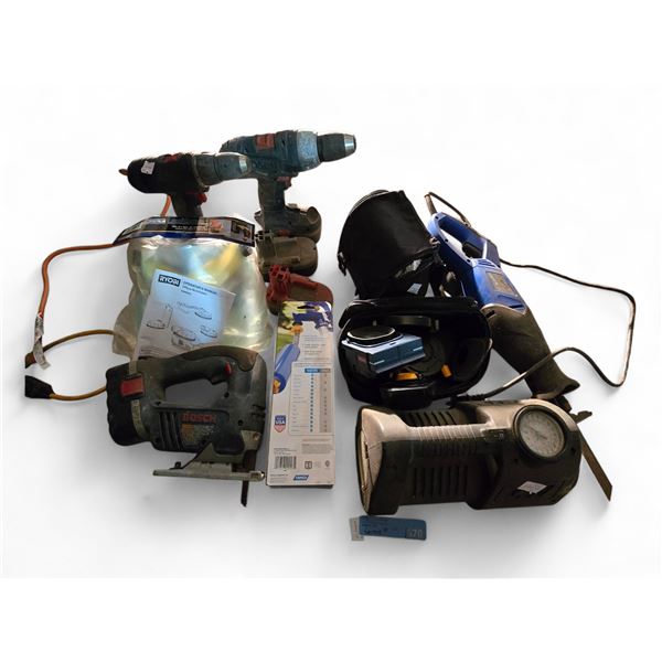 Group of Misc - Bosch Drills, Ryobi AIRgrip, Mastercraft Compact Saw, Etc.