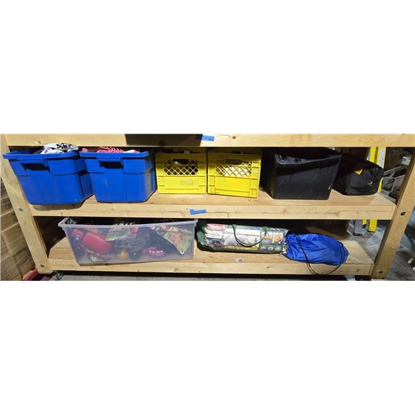 2 Shelfs of Misc - Tote of Various Shoes, Google Home, iPad Case, Austin Power Toys, Boxing Glove, W