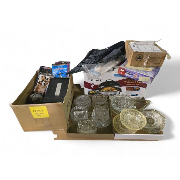 Table Top of Misc Including - Roaster Oven, Assorted Cut Glass Serving Dishes and Bowls, DVD's, Umbr