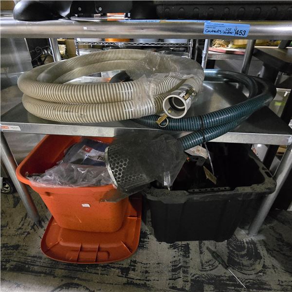 Group of Misc - House Vacuum Hose, Tarp, & Tote Full of Various Hardware Tools, Etc.