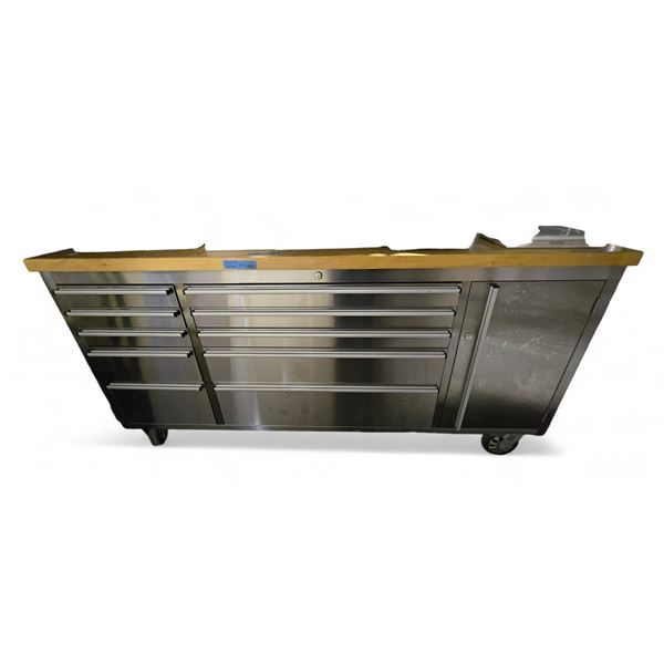 Large Wood Top Metal Tool Box Approx. 6ft L (Good Condition)