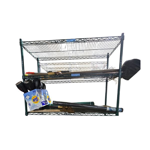 3 Shelves of Misc - Hedge Trimmer, Chain Saw, Rake, Snow Shovel, Saw, Outdoor Lights, Broom, Etc.