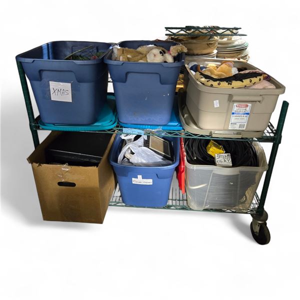 2 Shelves of Misc - Christmas Decor, Stuffed Toys, Cable, Picture Frames, Etc.