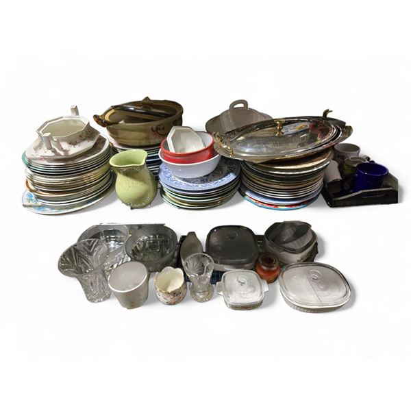 Shelf lot of Assorted Plates, Serving Tray, Cups/Mugs, Casserole Dishes, Etc.