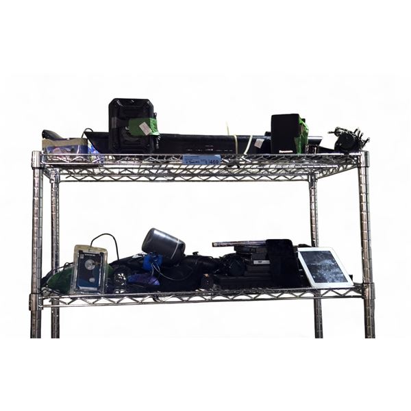 2 Shelves of Misc Electronics - DVDs, Controller, Samsung Tablet, Speaker, Etc.