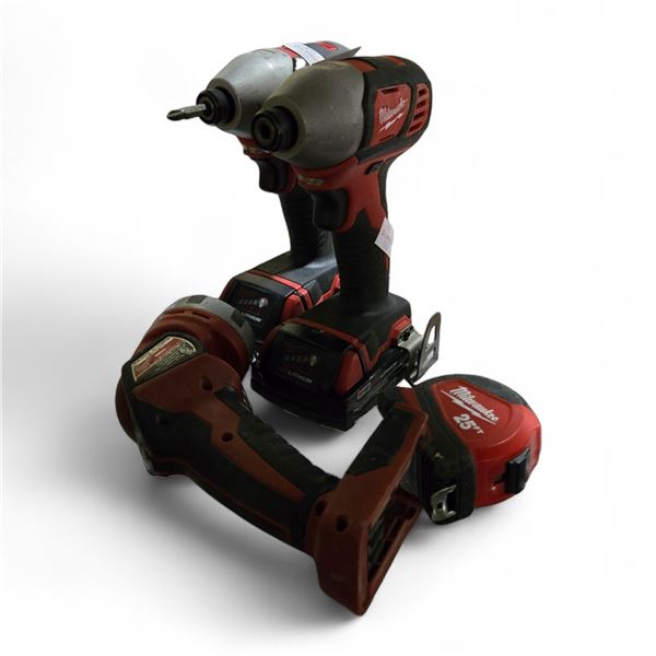 Group of Milwaukee Tools - 25 ft Tape Measure, Worklight, Impact Driver