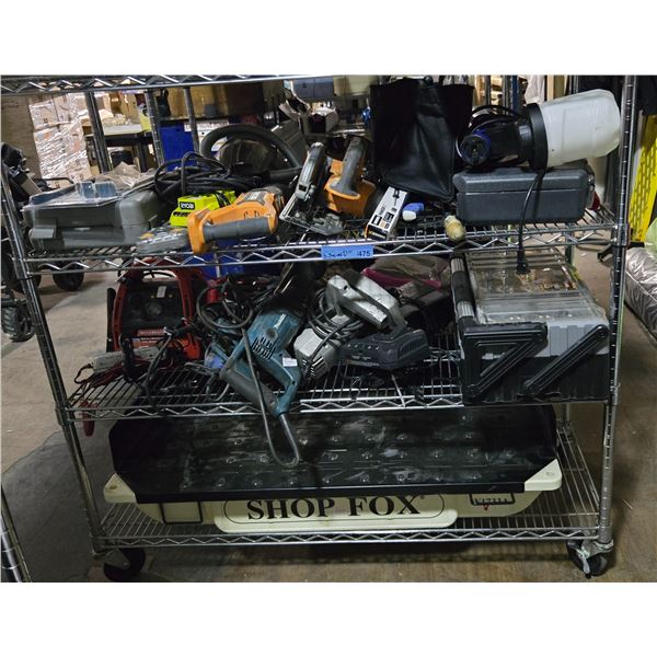 3 Shelves of Misc - Rigid Saw, Ryobi Charger, Ridgid Table Saw, Tactix Tool Box, Etc.