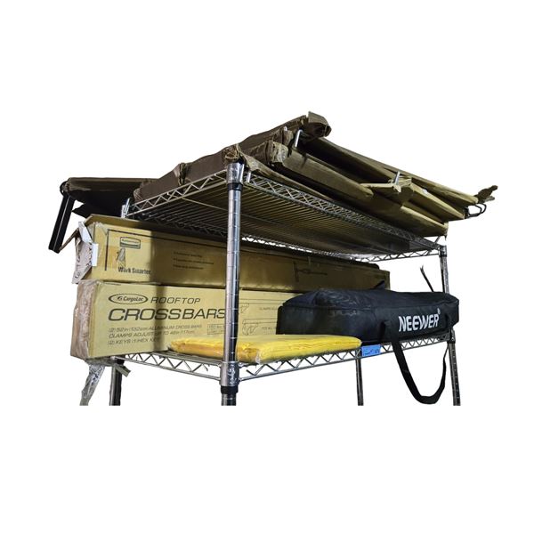 2 Shelves of Misc - Crossbars Rooftop, Table Cloth, Bag Buddy, Etc.