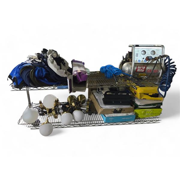 Group of Misc - Brass Decor, Lighting, Clothing & Grip Rite Air Compressor