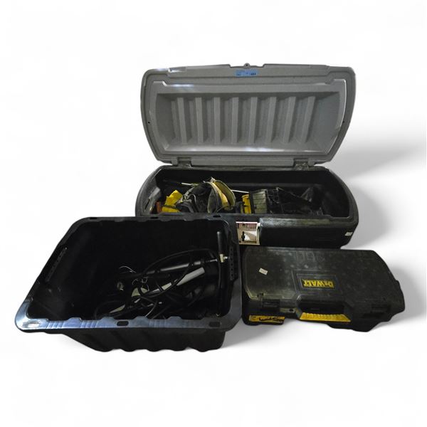 Mixed Tool Bins w/ Pump, Milwaukee Case, Hardware & Assorted Tools