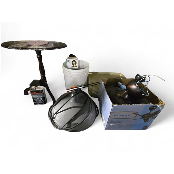 Contents of Table - Light, Side Table, Door Knob, Plastic Trays, Arrows, Signage, Etc. (Table Not In