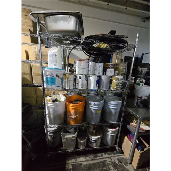 Shelf lot of Various Supplies - Paint Cans, Sink, Wires, Cloth, Etc.