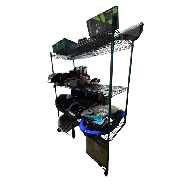 4 Shelves of Misc - Baby Car Seats, Hat, Coleman Cooktop, Etc.