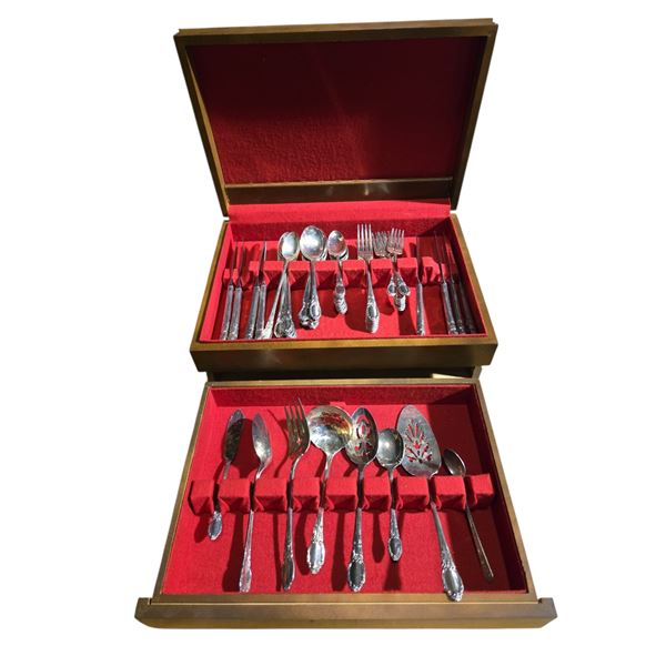 Silverplate Flatware & Serving Utensils Set in Wooden Case