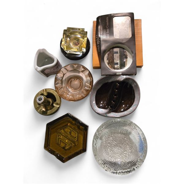 Group Lot of Vintage Ashtrays, Glass Dish & Brass Candle Holder