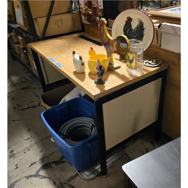 Group of Various Chicken Decor w/Metal Frame Desk w/Wood Top