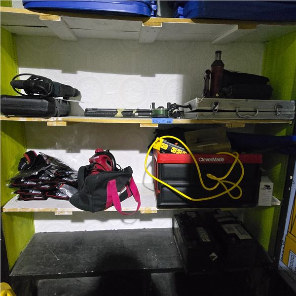 Shelf lot of Misc - Fishing Rod & Reel, Steamer, Batteries, Case, Exercise Gloves, Bosch Electric Ha