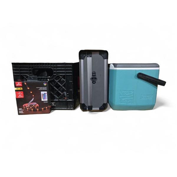 Group of Misc - LED Tape Light, Various Valve Lead Acid Batteries, Case, Coleman Cooler, Etc.