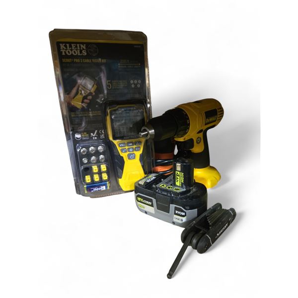 Group of Various Cable Tester, DeWalt Cordless Drill Driver, Black & Decker Sander, Ryobi Battery, E