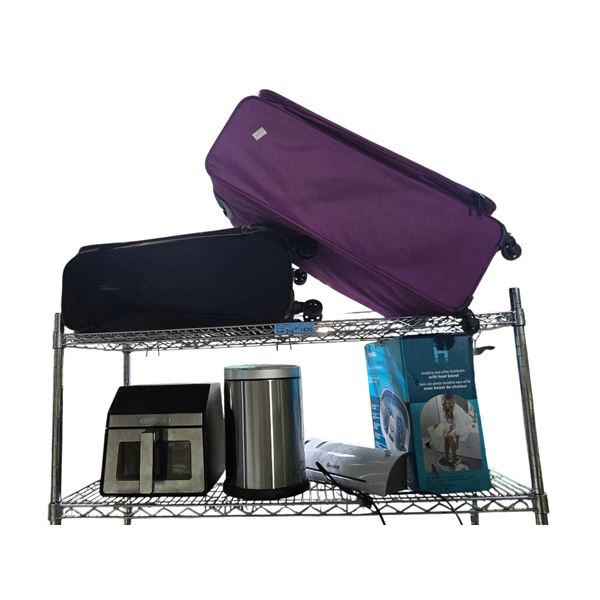 Group of Assorted Suitcases, Courmia Oven, Garbage Can, Footbath, Etc.