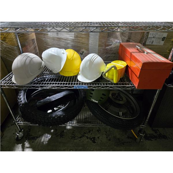 Group of Assorted Hard Hats, Tool Box, Various Bike Tires, Etc.