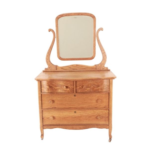 Victorian Era Serpentine Tiger Oak Mirror Dresser