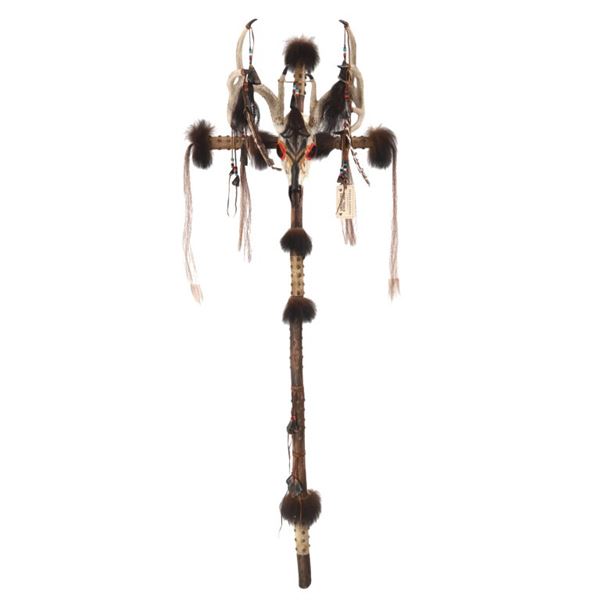 Apache Deer Skull & Brass Tacked Staff Carl Pierce