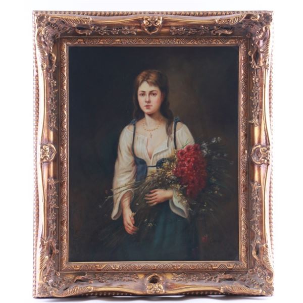 "Leguen" Student Farm Girl Framed Oil Painting