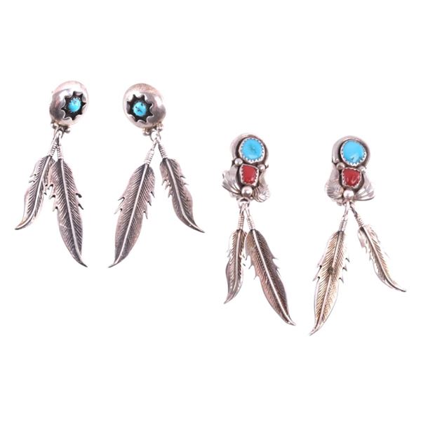 Navajo Silver Turquoise Red Branch Coral Earrings