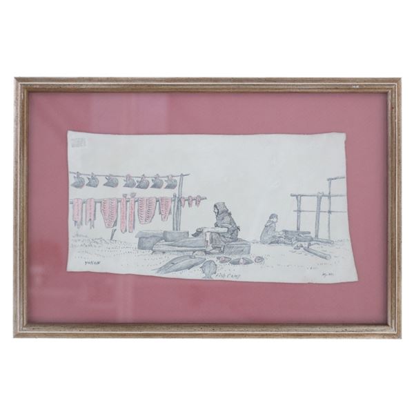 Drawing On Rawhide Signed M.M. Titled "Fish Camp"