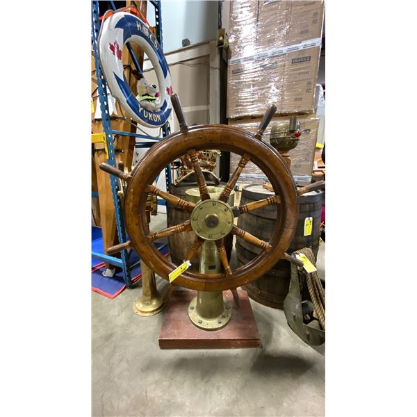 BRASS ANTIQUE HELMS STATION WITH WOODEN SHIPS WHEEL, A RARE FIND, HELM AND WHEEL TOGETHER