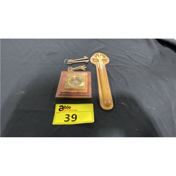 VINTAGE GERMAN LETTER OPENER/SCISSORS SET WITH SHEATH, 2 SETS OF ANTIQUE KEYS & COMPASS