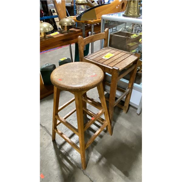 2 ANTIQUE SOLID WOOD BAR HEIGHT STOOLS