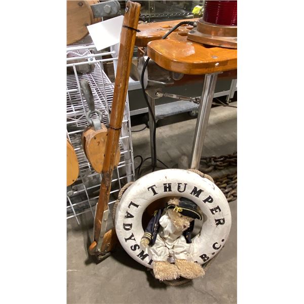 VINTAGE AER-O-BOUY THUMPER "LADYSMITH B.C." LIFE RING, WOODEN ANTIQUE RUDDER & CAPTAIN TEDDY BEAR