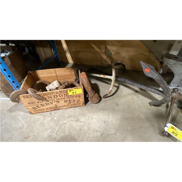 2 ANTIQUE BOAT ANCHORS, BOX OF ASSORTED DEPTH CHARGE SLING CHAINS & SCREW PIN ANCHOR SHACKLES