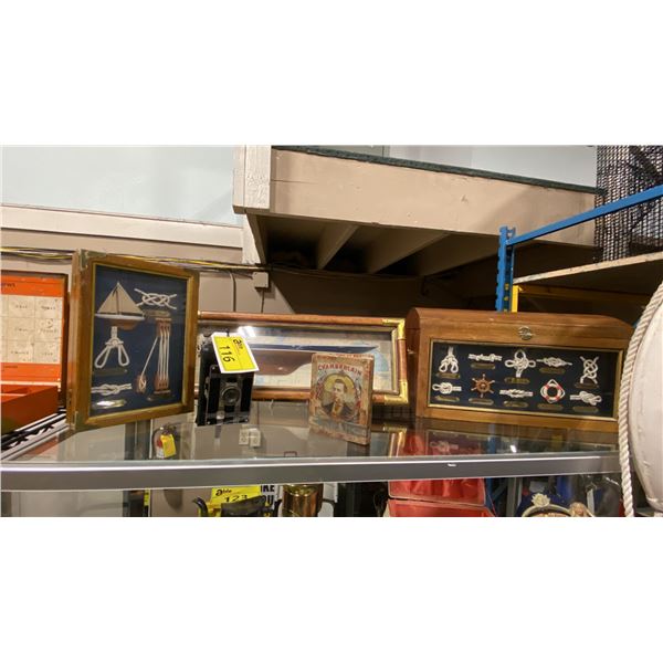 SHELF OF COLLECTABLES- FRAMED NAUTICAL ARTWORK, NAUTICAL THEMED STORAGE BOXES, ANTIQUE CAMERA &