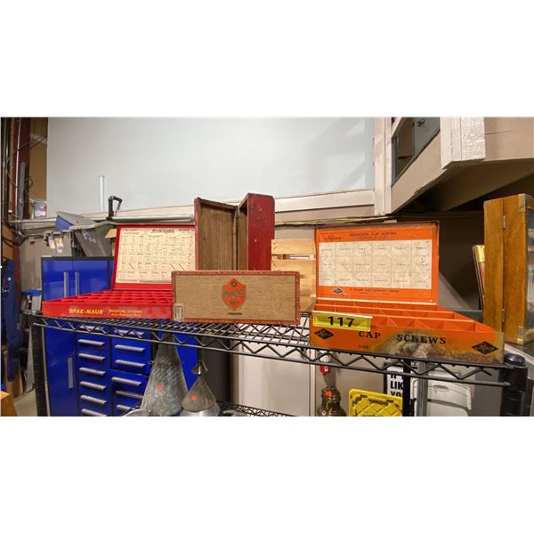 SHELF OF ASSORTED VINTAGE MACHINE BOLT SORTERS, WOODEN STORAGE BOXES & PANDORA CIGAR BOX