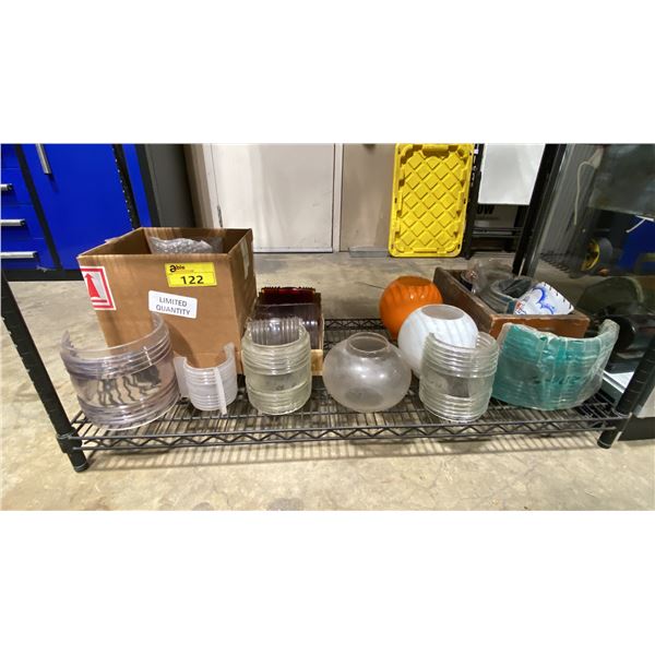 SHELF OF ASSORTED VINTAGE MARINE GLASS LIGHTING PARTS