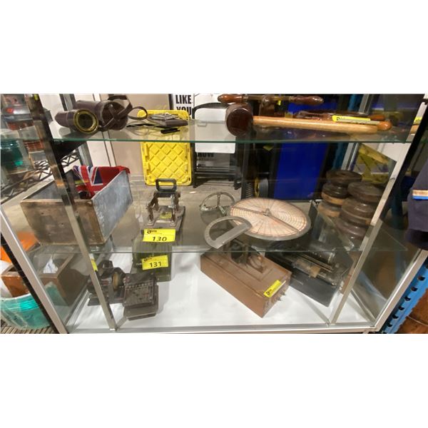 SHELF OF COLLECTABLE VINTAGE ITEMS- FILNO INC KNIFE SWITCH, BATTENBERG COURSE INDICATOR,