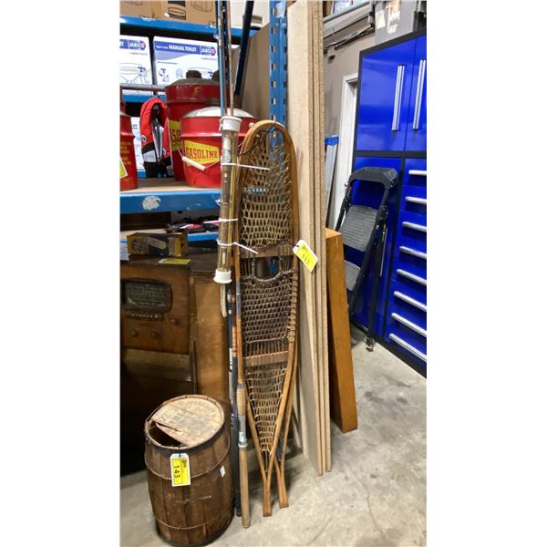 PAIR OF VINTAGE SNOWSHOES & ASSORTED FISHING RODS