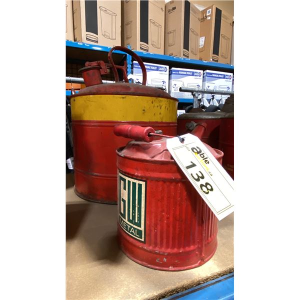 2 RED VINTAGE METAL GASOLINE CANISTERS