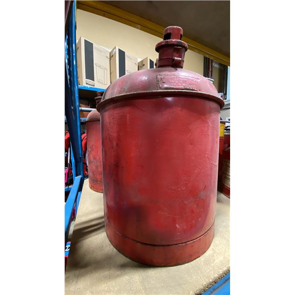 2 RED VINTAGE UNDERWRITERS LABORATORIES INC. METAL GASOLINE CANISTERS