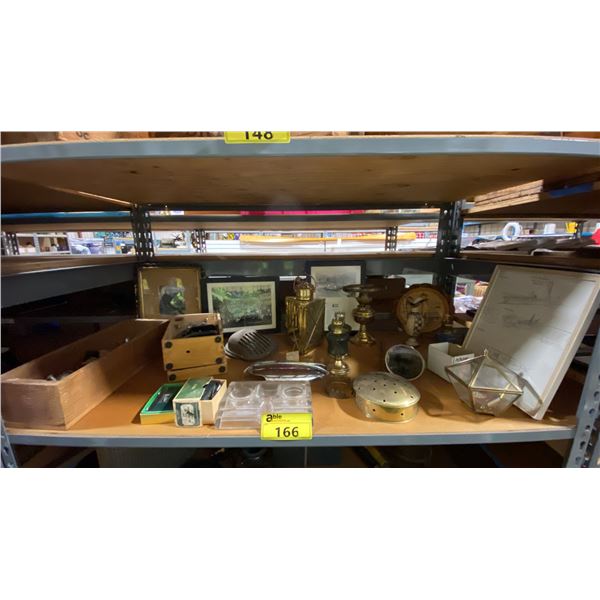 SHELF OF ASSORTED ANTIQUE COLLECTABLES- BRASS OIL LAMPS, VINTAGE MICROSCOPE, FRAMED PHOTOGRAPHS,