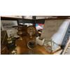 Image 2 : SHELF OF ASSORTED ANTIQUE COLLECTABLES- BRASS OIL LAMPS, VINTAGE MICROSCOPE, FRAMED PHOTOGRAPHS,
