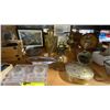 Image 3 : SHELF OF ASSORTED ANTIQUE COLLECTABLES- BRASS OIL LAMPS, VINTAGE MICROSCOPE, FRAMED PHOTOGRAPHS,