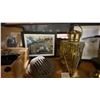 Image 5 : SHELF OF ASSORTED ANTIQUE COLLECTABLES- BRASS OIL LAMPS, VINTAGE MICROSCOPE, FRAMED PHOTOGRAPHS,